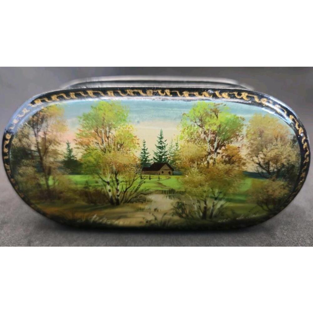 Fedoskino Style Vintage Russian Artist Signed Lacquered Lid Trinket Jewelry Box